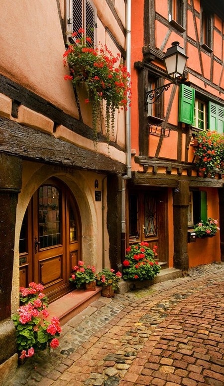 Cobblestone street in Alsace, France