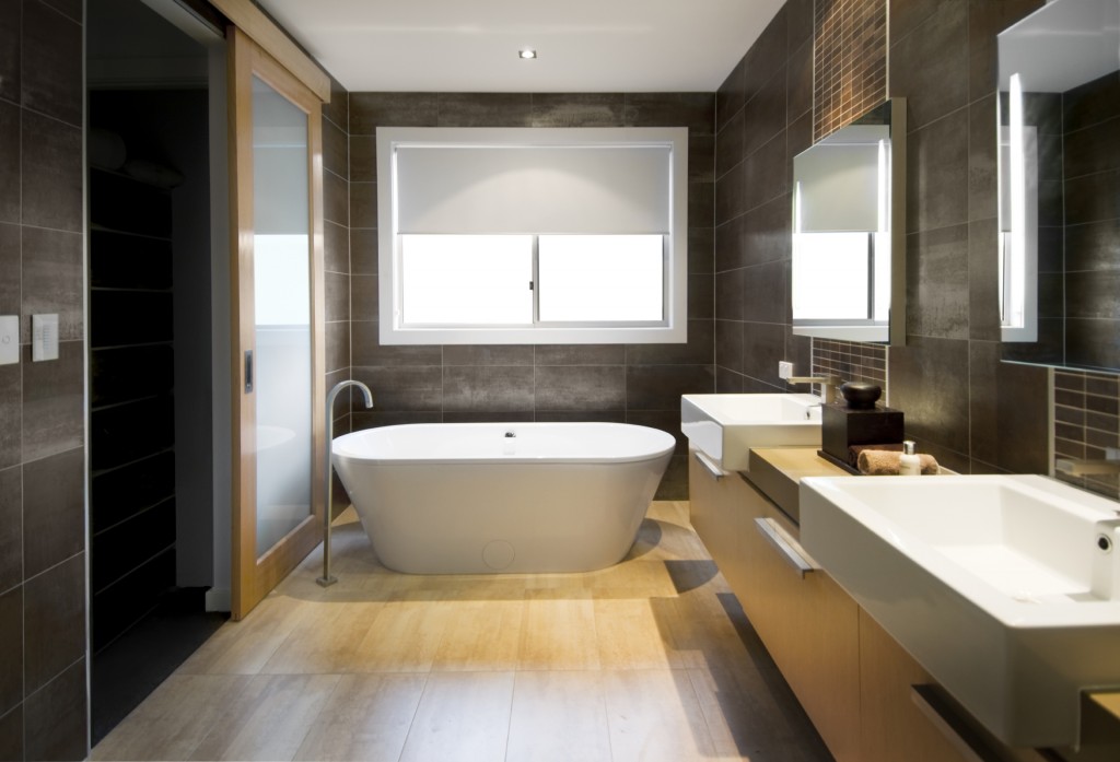 Australian Luxury Bathroom With Brown Tiles And Hardwood Floor 1024x697 